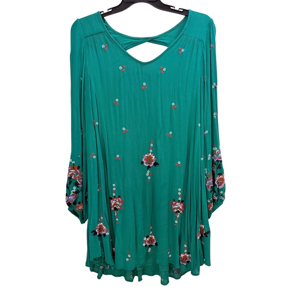 Free People Green Embroidered Floral Gauze Mini Dress Long Sleeve L Pockets